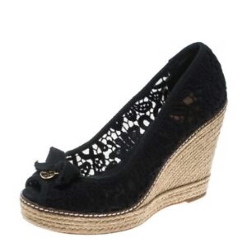 Tory Burch Black Floral Embroidered Fabric WEDGE